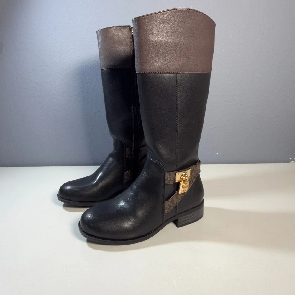 Michael Kors Finely Hamilton Boots Kids 11 Black Excellent Riding Padlock Logo